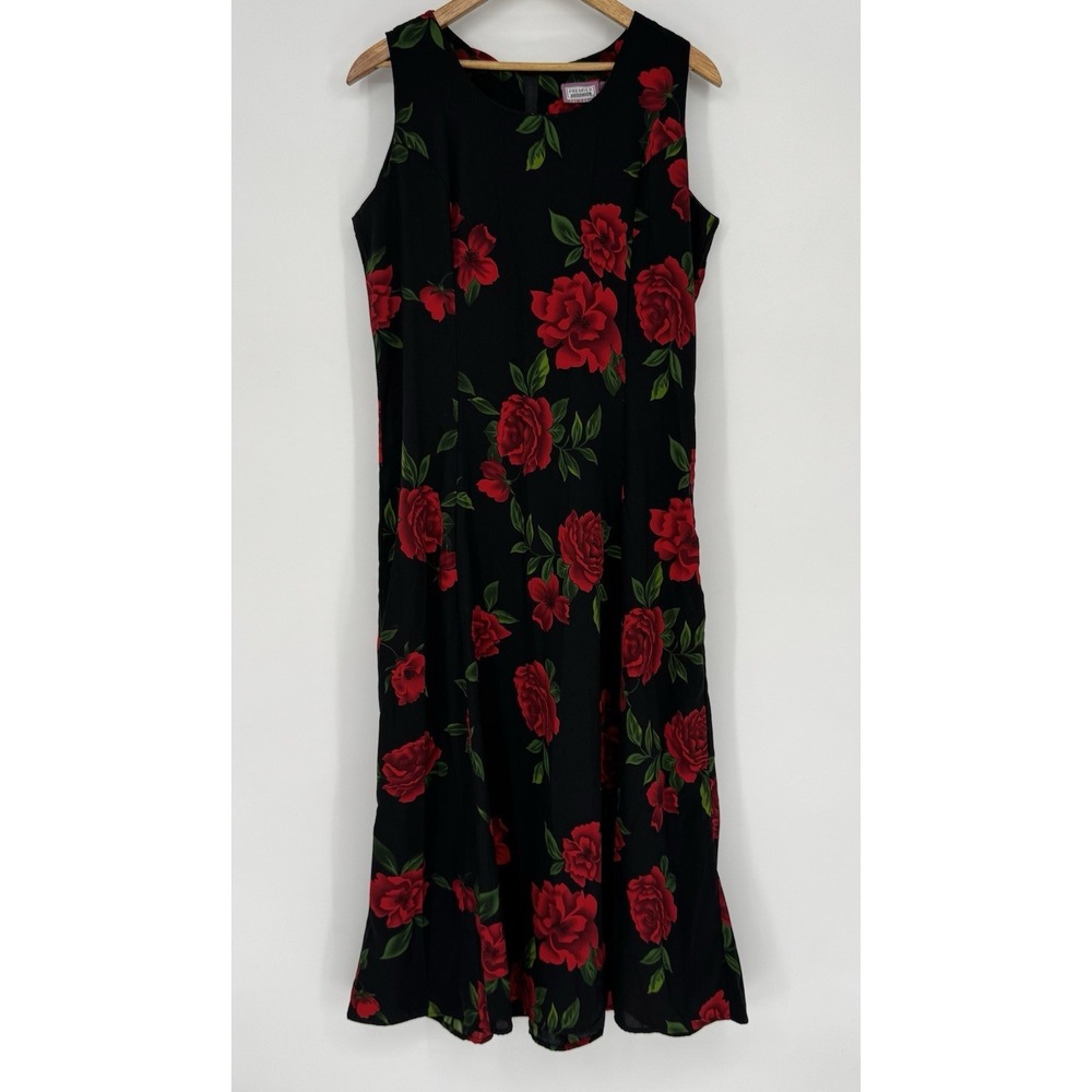 Vintage‎ 90s Premier Black Red Rose Floral Maxi Dress Whimsygoth Grunge Goth LG